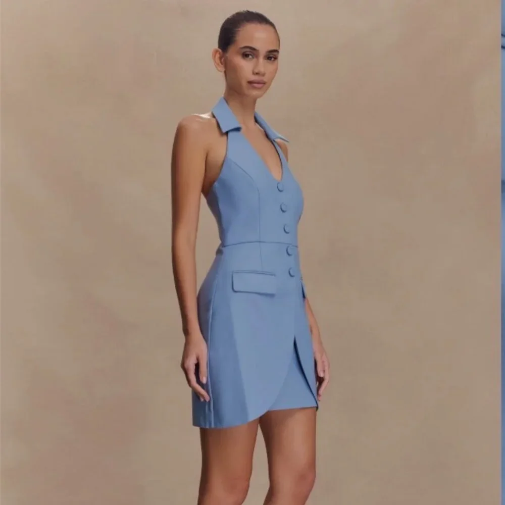 Meshki Ruth Cotton Halter Mini Dress | Ocean Blue | Size S | NWT - Picture 2 of 4